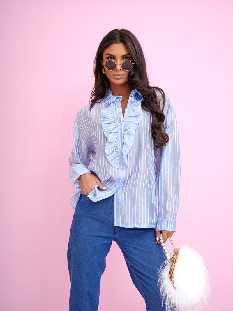 Elegancka koszula z tencelu z żabotem SAJO - błękitna