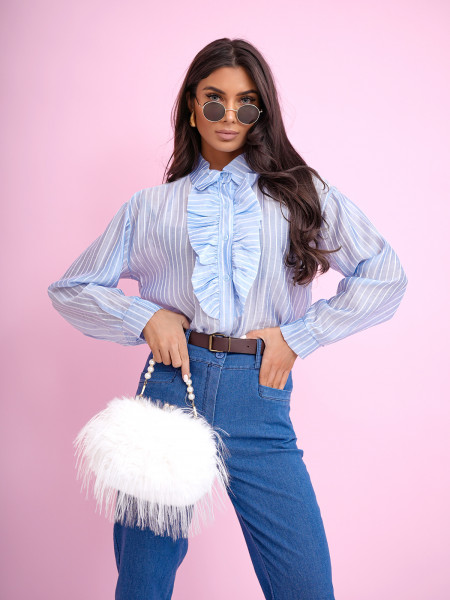 Elegancka koszula z tencelu z żabotem SAJO - błękitna 2