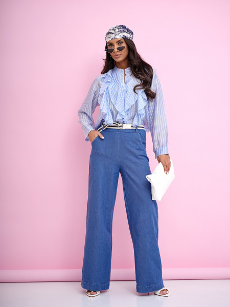 Kobieca koszula z tencelu z falbanami FABIA - błękitna 2