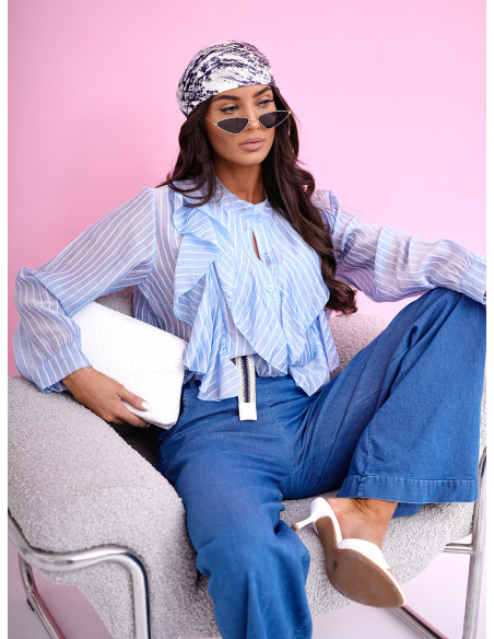 Kobieca koszula z tencelu z falbanami FABIA - błękitna