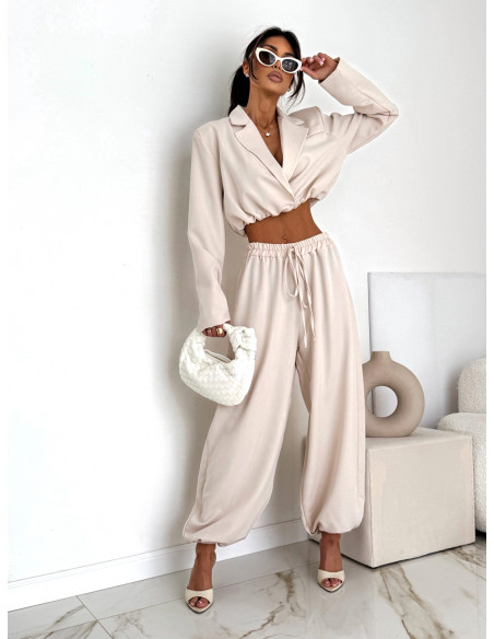 Bawełniany komplet marynarka i szerokie spodnie NAJRO - beżowy