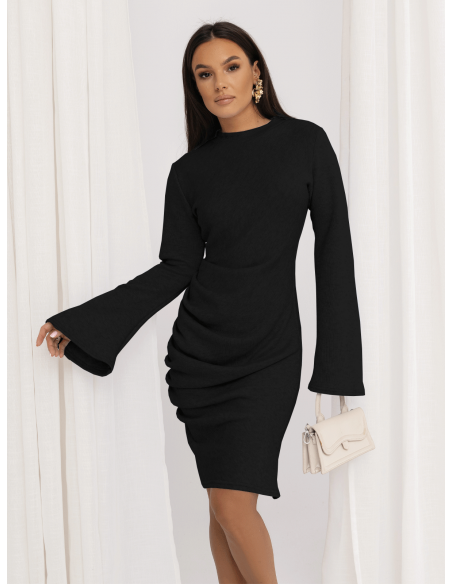 Dzianinowa sukienka  z szerokimi rękawami ELLETRA - czarna
