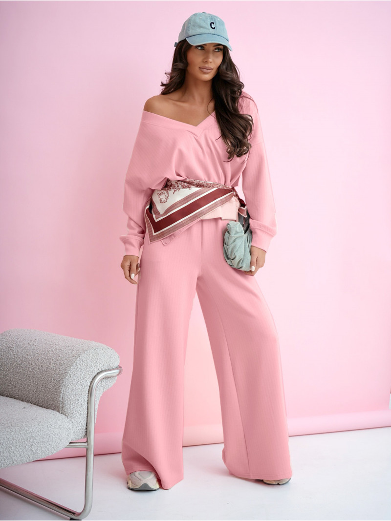 Bawełniany komplet z szerokimi spodniami GORAN - pudrowy róż