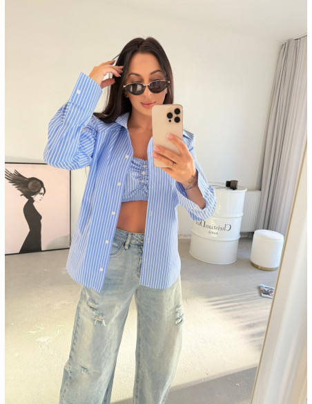 Bawełniany komplet 2w1 koszula i top w paski EVIS - błękitny