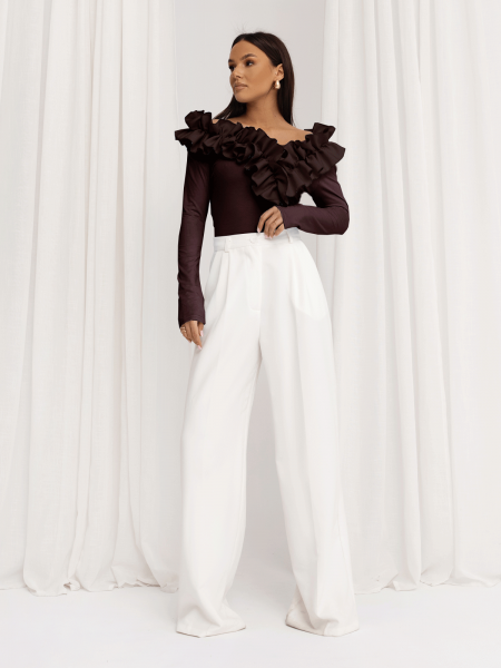 Wiskozowa bluzka z falbanami ORNELLA - czekoladowa 2