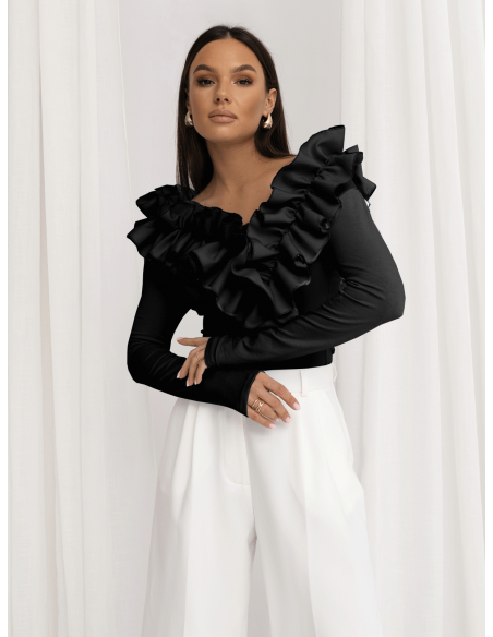 Wiskozowa bluzka z falbanami ORNELLA - czarna