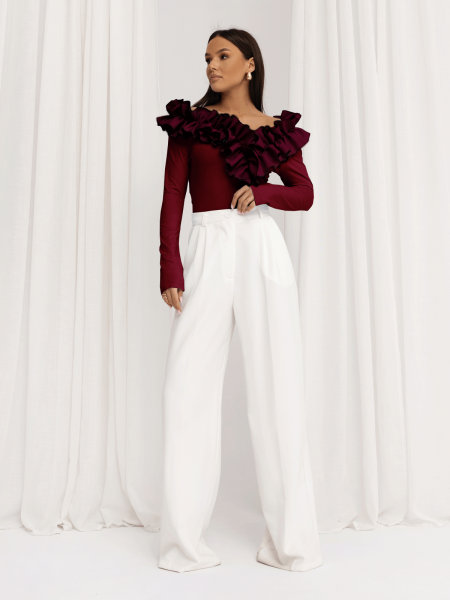 Wiskozowa bluzka z falbanami ORNELLA - bordowa