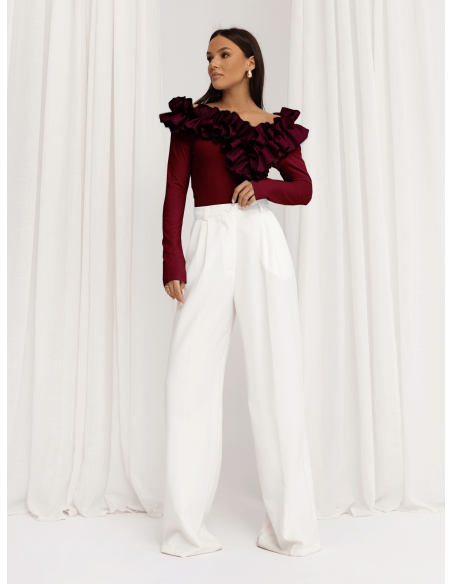 Wiskozowa bluzka z falbanami ORNELLA - bordowa