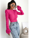 Prążkowana krótka bluzka z marszczeniami SEVILLA - fuksjowa