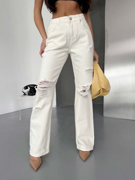 Proste spodnie jeansy z dziurami RECTON - ecru