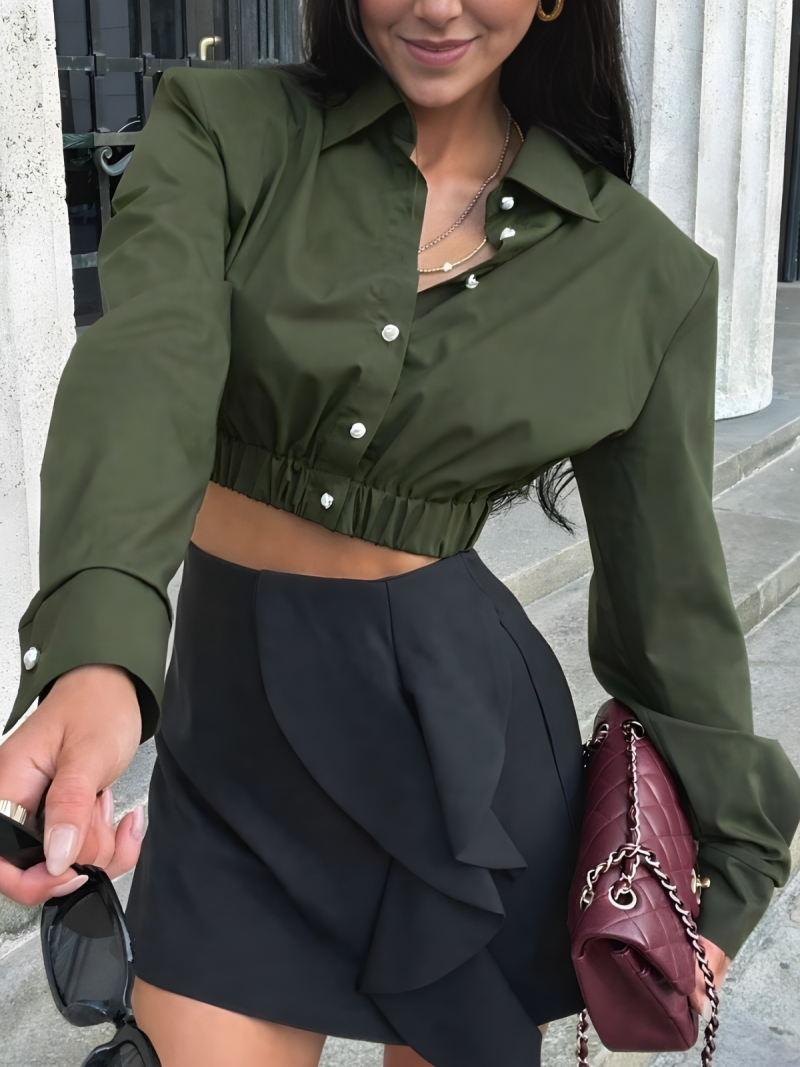 Krótka bawełniana koszula z mankietami ASURIA - butelkowa zieleń