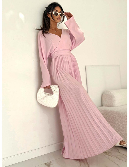 Elegancki kombinezon z plisowanymi nogawkami ADRA - pudrowy róż