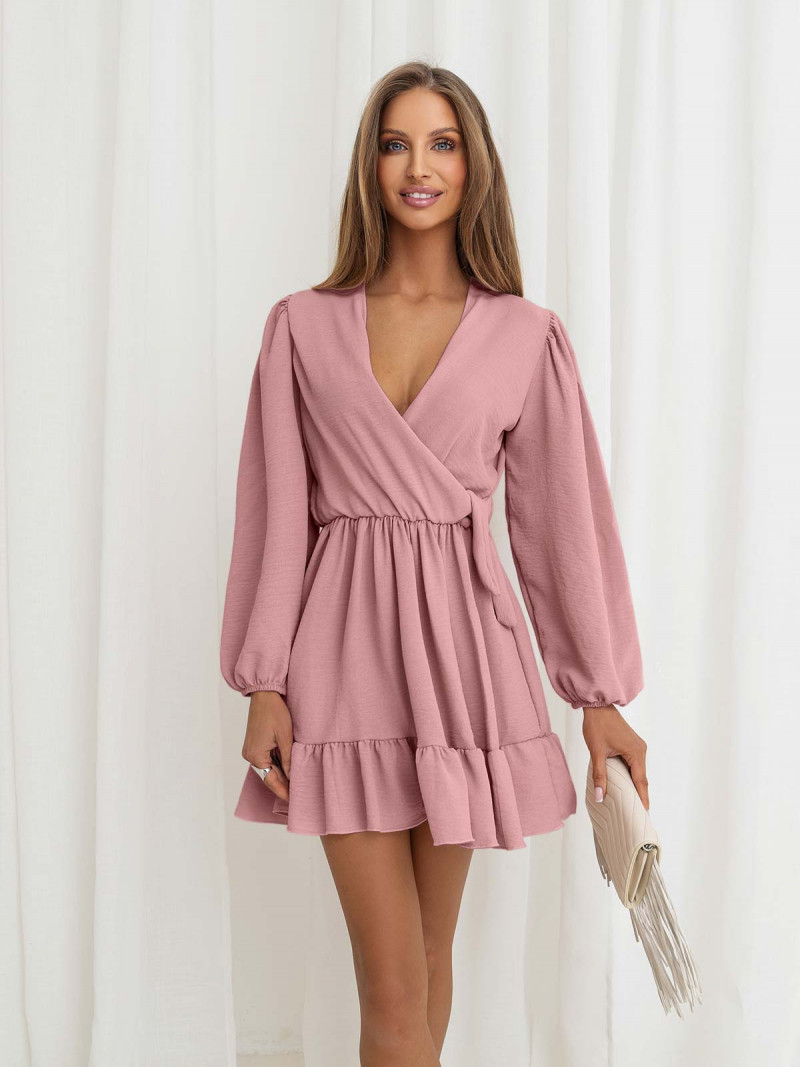 Rozkloszowana sukienka z falbanką - KALIFORNIA - brudny róż