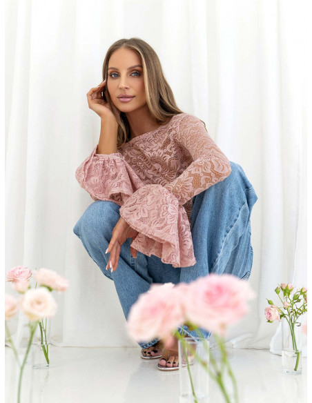 Koronkowa bluzka z falbanami na rękawach ITANJA - brudny róż