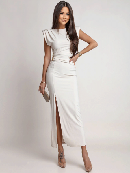 Dopasowana sukienka maxi z ozdobną klamrą ELEANOR - beżowa