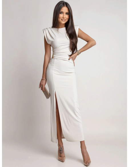 Dopasowana sukienka maxi z ozdobną klamrą ELEANOR - beżowa