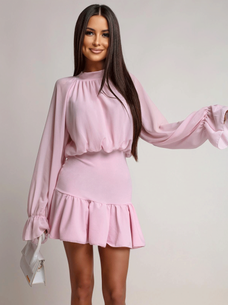 Stylowa sukienki mini z falbaną REENIE - pudrowy róż 2