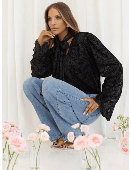 Koronkowa bluzka z ozdobnym wiązaniem MISTY - czarna