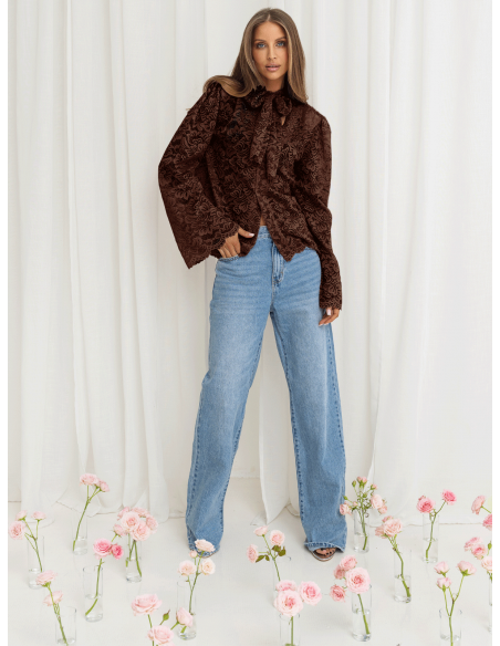 Koronkowa bluzka z ozdobnym wiązaniem MISTY - czekoladowa