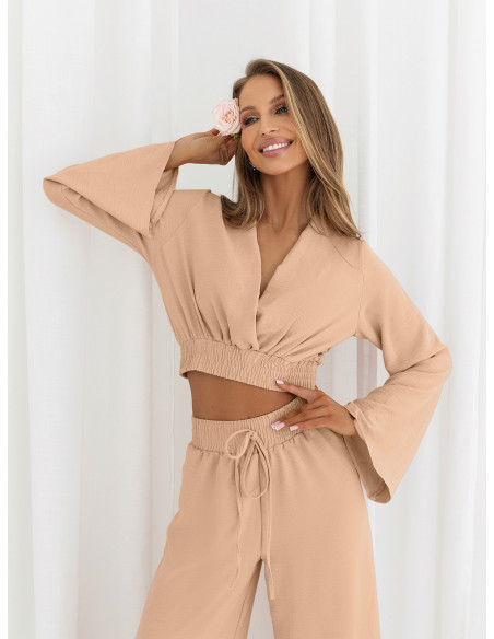 Komplet crop top z szerokimi spodniami SERRINA - beżowy