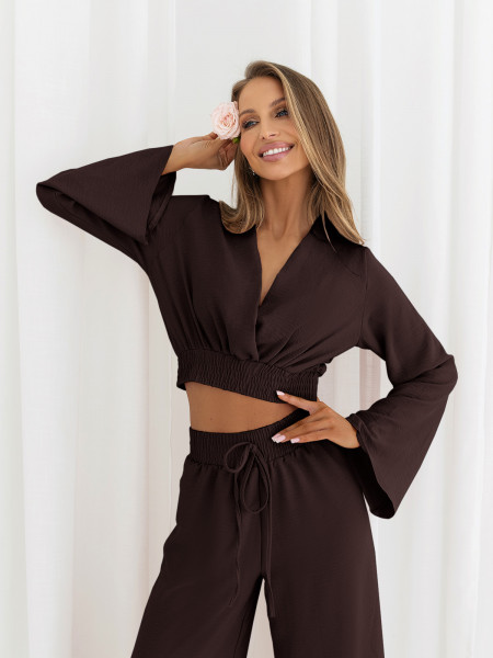 Komplet crop top z szerokimi spodniami SERRINA - czekoladowy