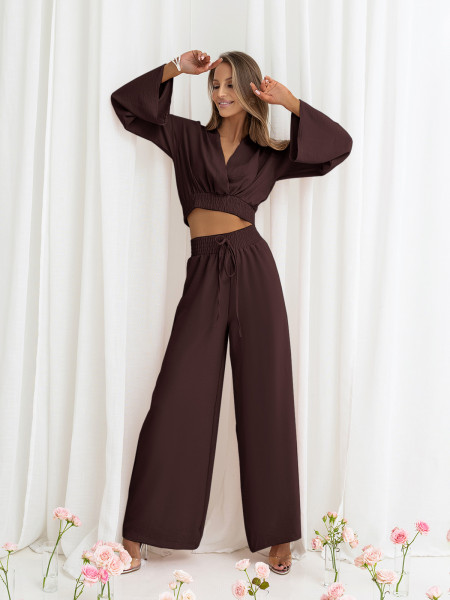 Komplet crop top z szerokimi spodniami SERRINA - czekoladowy 2
