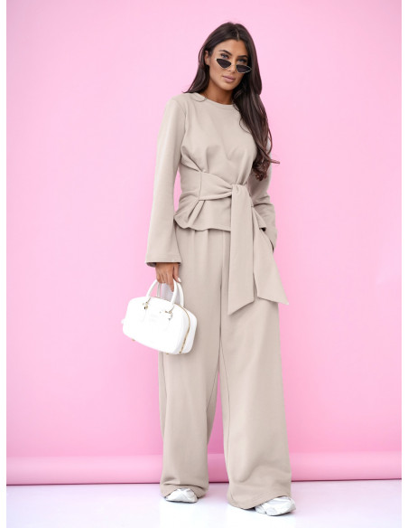 Bawełniany komplet dresowy z szerokimi spodniami ISSA - beżowy