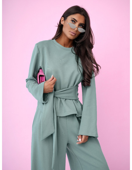 Bawełniany komplet dresowy z szerokimi spodniami ISSA - szałwiowy