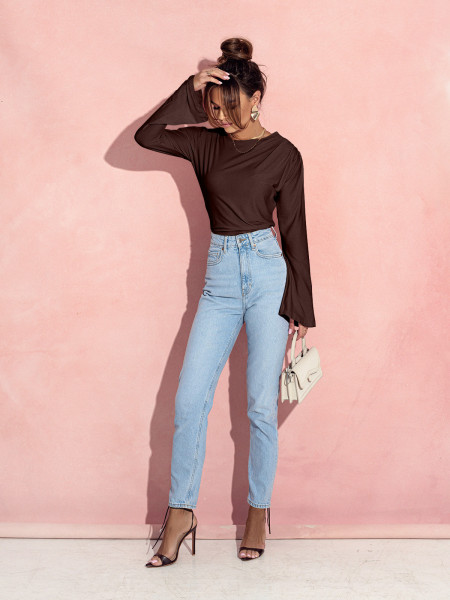 Dopasowana bluzka z szerokim rękawem MEI - czekoladowa 2