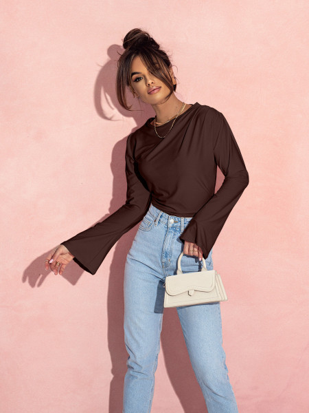 Dopasowana bluzka z szerokim rękawem MEI - czekoladowa