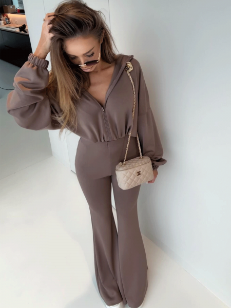 Wiskozowy komplet bluza i spodnie dzwony TAMIKA - mocca