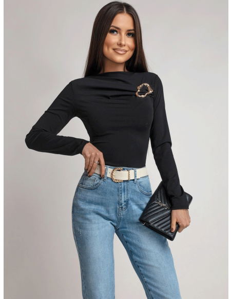 Dopasowana bluzka z ozdobną klamrą CLEMENTE - czarna
