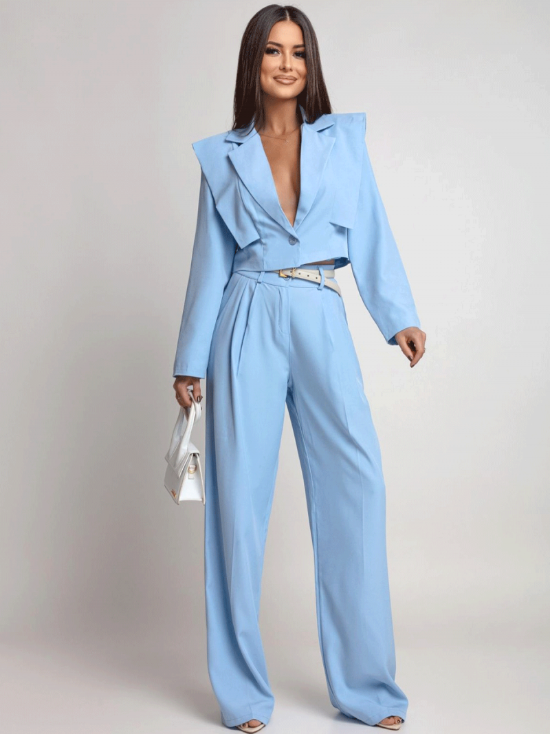 Stylowy garnitur z szerokimi spodniami ALEAH - błękitny