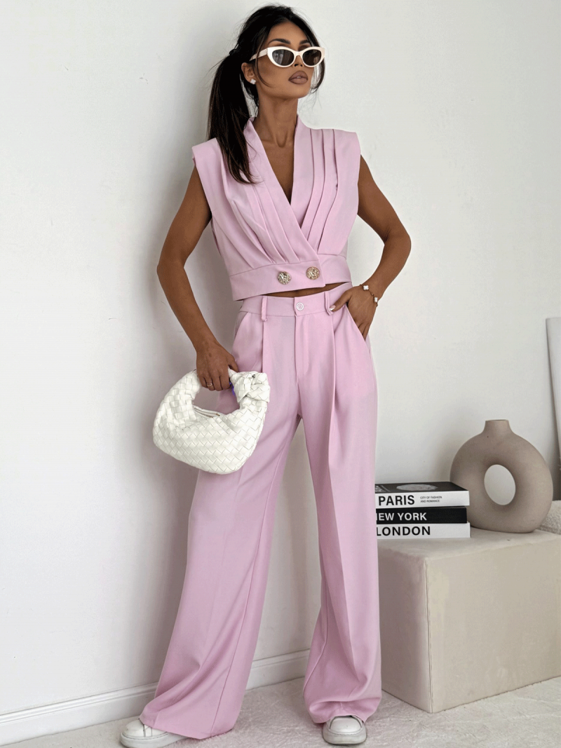 Elegancki komplet z szerokimi spodniami KOZUE - pudrowy róż