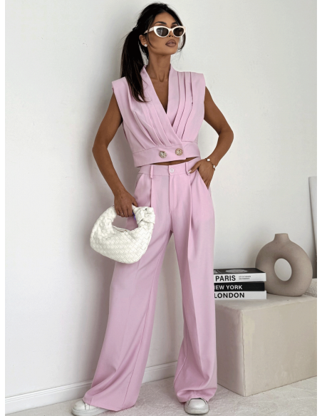 Elegancki komplet z szerokimi spodniami KOZUE - pudrowy róż