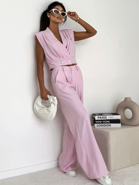 Elegancki komplet z szerokimi spodniami KOZUE - pudrowy róż 2