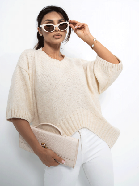 Modny sweter z krótkim rękawem LEANNA - beżowy