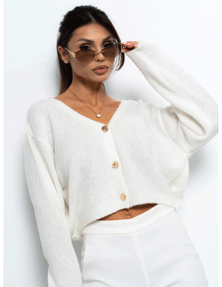 Krótki sweter kardigan zapinany na guziki ELURE - biały