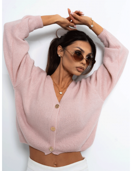 Krótki sweter kardigan zapinany na guziki ELURE - pudrowy róż