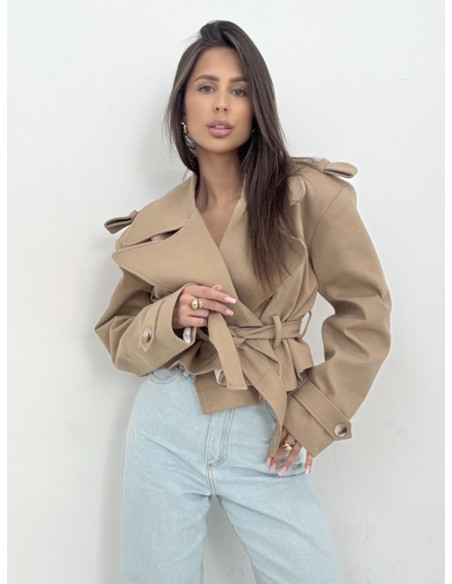 Bawełniany płaszcz trencz z paskiem HANTER - beżowy