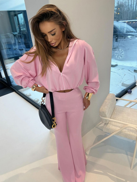 Wiskozowy komplet bluza i spodnie dzwony TAMIKA - pudrowy róż