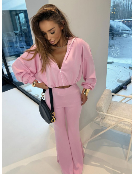 Wiskozowy komplet bluza i spodnie dzwony TAMIKA - pudrowy róż