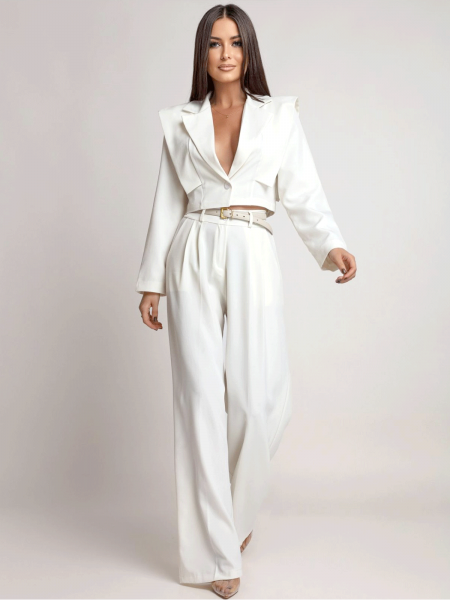 Stylowy garnitur z szerokimi spodniami ALEAH - ecru