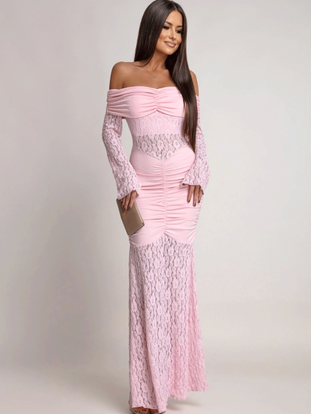 Sukienka maxi z odkrytymi ramionami SANTORIA - pudrowy róż