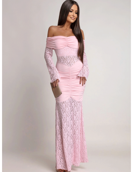 Sukienka maxi z odkrytymi ramionami SANTORIA - pudrowy róż
