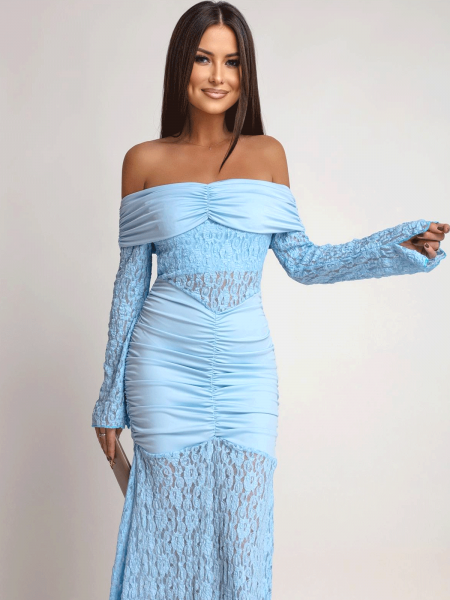 Sukienka maxi z odkrytymi ramionami SANTORIA - błękitna