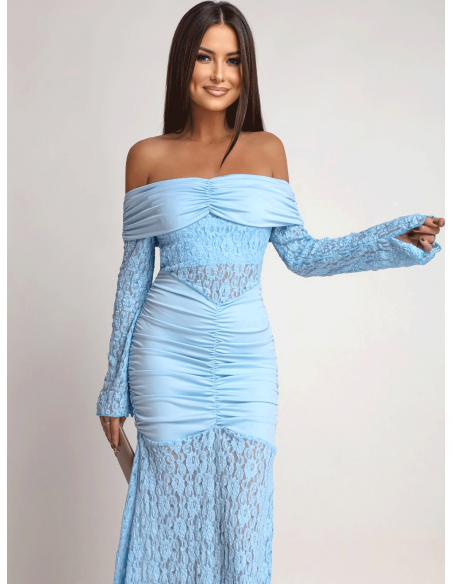 Sukienka maxi z odkrytymi ramionami SANTORIA - błękitna