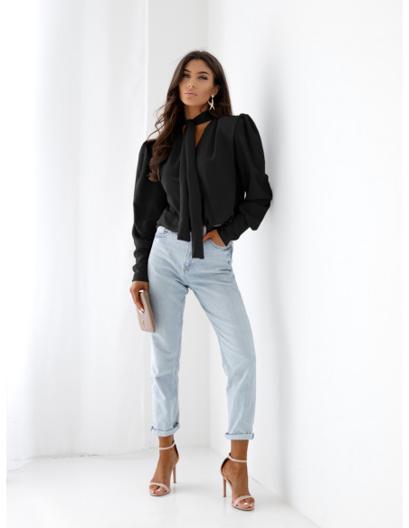 Bluzka koszulowa z wiązaniem FENZA - czarna