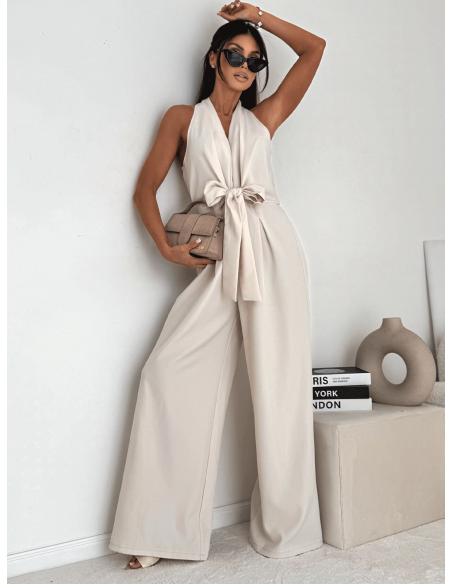 Stylowy kombinezon z wiązaniem SIDONIA - beżowy