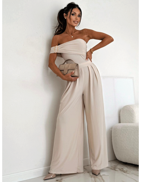 Wiskozowy kombinezon z odkrytymi ramionami RHIAN - beżowy